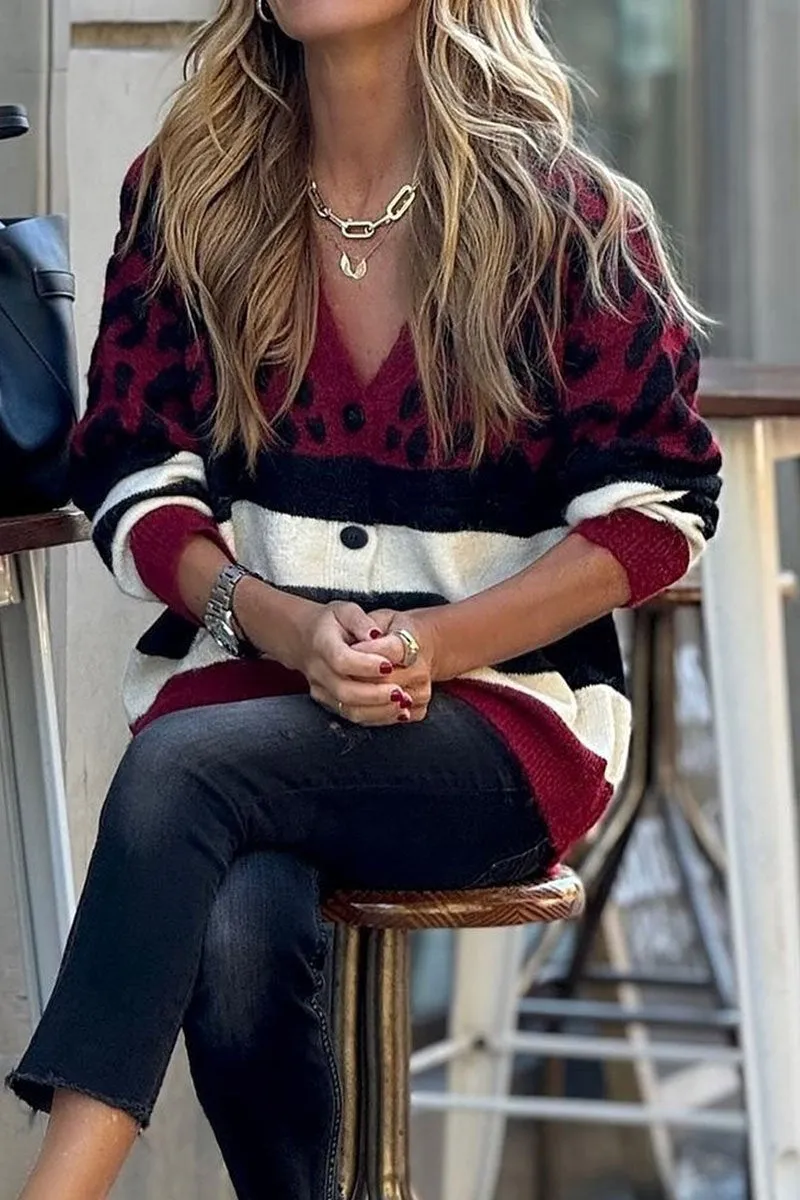 Casual Leopard Print Striped Knitted Sweater Cardigan