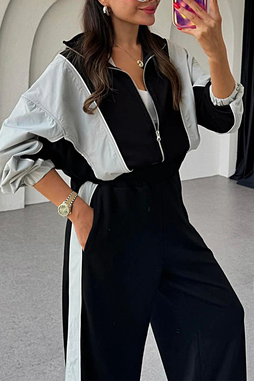 Women's Zipper Jacket & Pants Two-piece Set